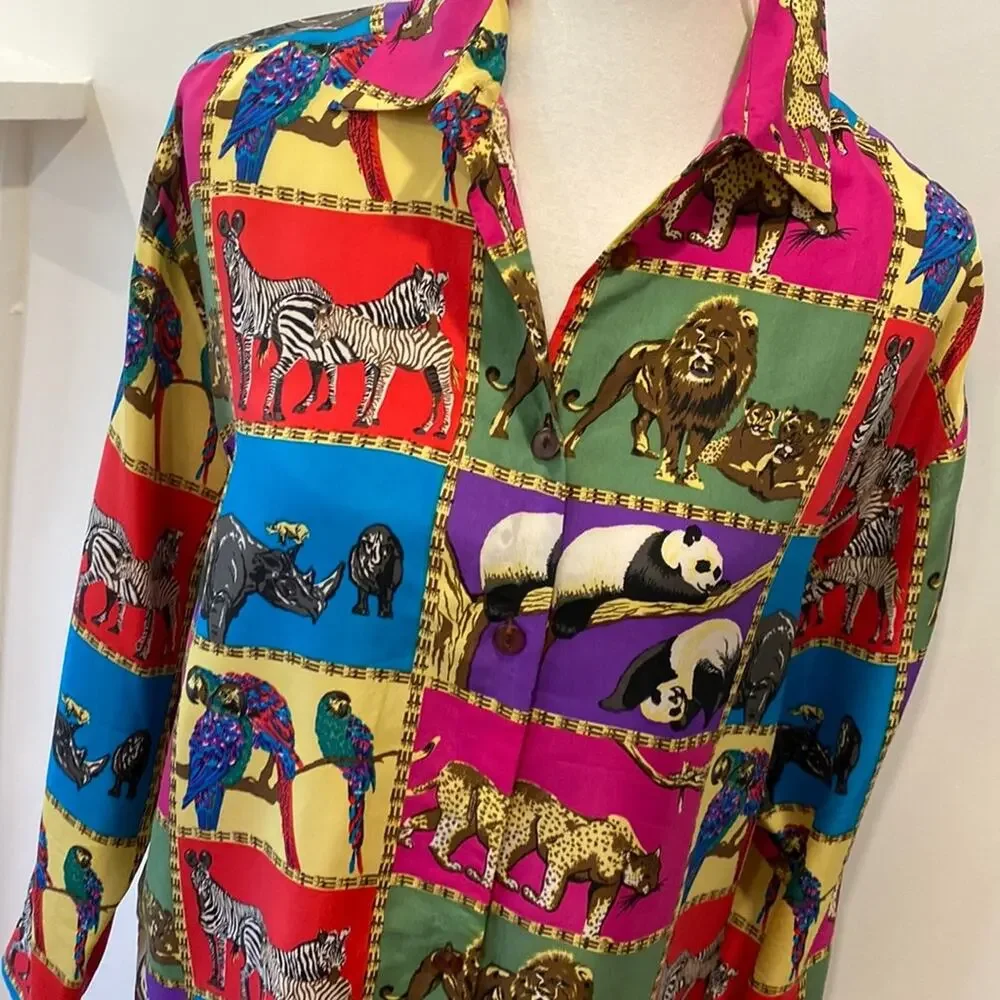 Vintage Womens Top Silk Medium Animal Lover Womens Button down 90s Shirt Medium - Picture 9 of 17